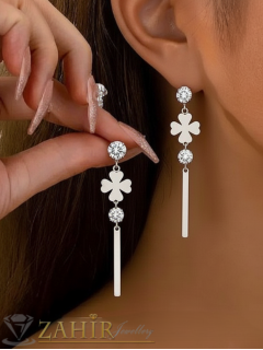  Атрактивни висящи стоманени обеци 6 см с фасетни  кристали,и детелини ,не променят цвета си ,закопчаване на винт - O2936